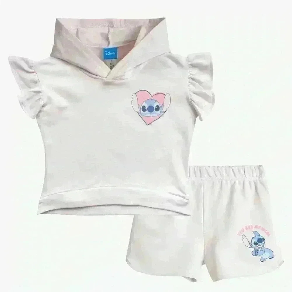 NWT Disney Girls Set Fleece Hooded Ruffle Short Sleeve Shirt and Shorts Sz 3-6MO